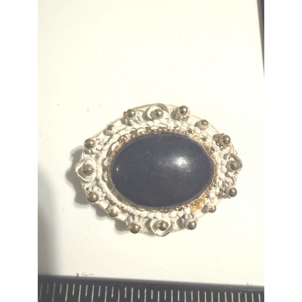 Vintage Navy Blue Cabochon Brooch White Enamel Gold‎ Tone Ornate Oval Pin